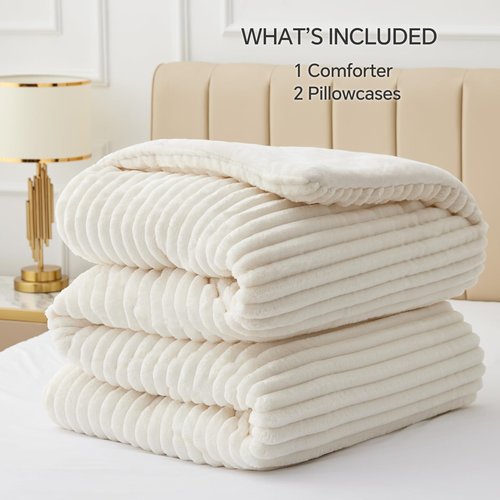 BEDELITE Fleece Queen Comforter Set -Super Soft & Warm Fluffy Cream White Bedding, Luxury Fuzzy Heavy Bed Set for Winter with 2 Pillow Cases