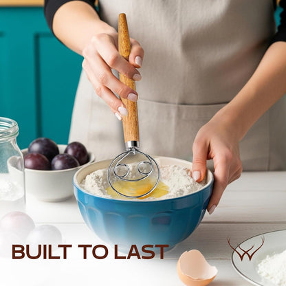 Woodlands USA Danish Dough Whisk - 13 Inch 304 Stainless Steel Hook & Long Wooden Handle for Artisan Bread Making