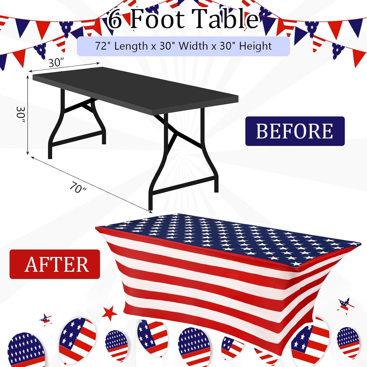 Oudain 2 Pcs Stretch Table Covers - Patriotic Red, White & Blue for 4th of July | 6 Feet Spandex Tablecloths