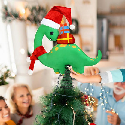 Christmas Dinosaur Tree Topper - Plush Brachiosaurus with Santa Hat