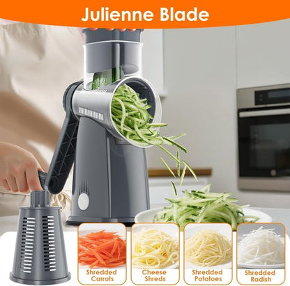 5 Blade Rotary Cheese Grater by [Brand Name] - Hand Crank Vegetable Chopper with Storage Box | Easy to Use, Non-Slip Suction Base, Gray