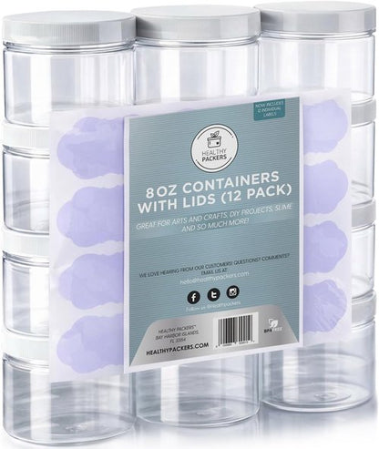 Healthy Packers Slime Containers - Water-Tight 8 oz Jars with Labels | 12 Pack, BPA Free