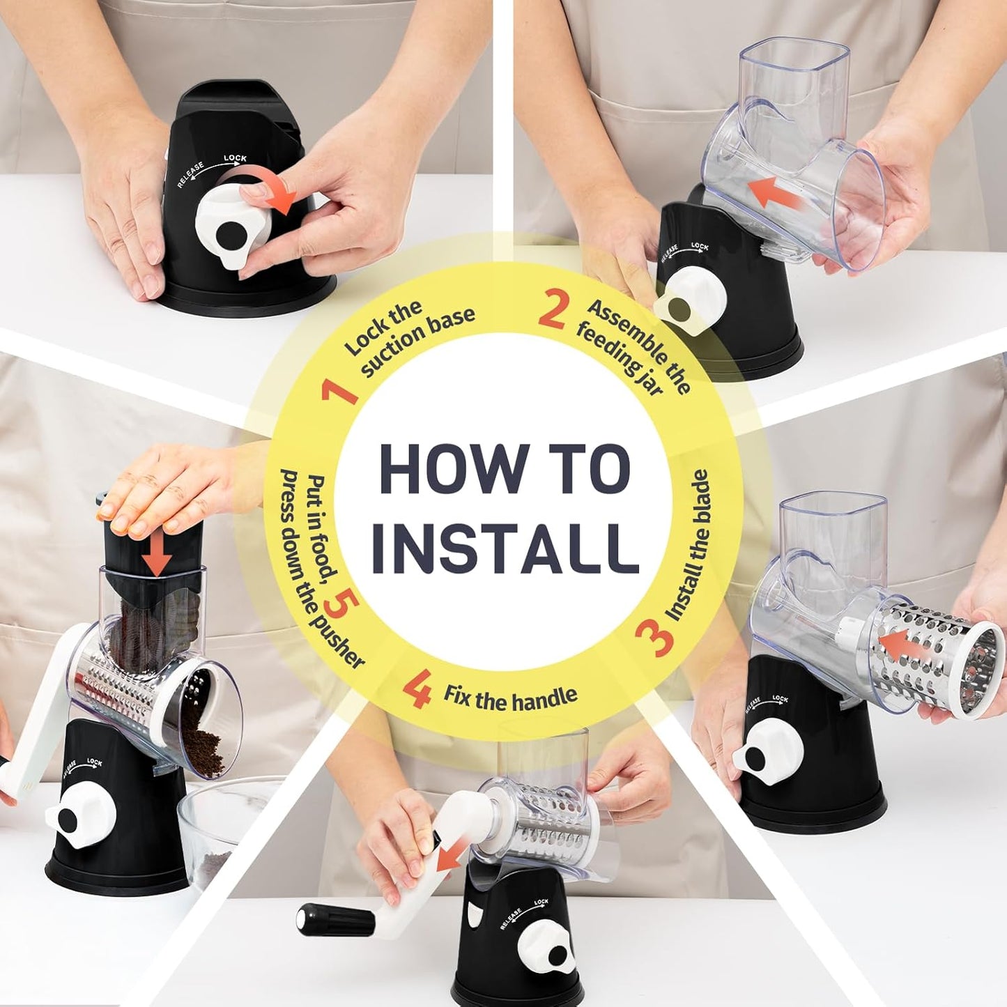 Rotary Cheese Grater - Hand Crank with 3 Interchangeable Blades | Strong Suction Base & No-Cut-Hands Design - Black