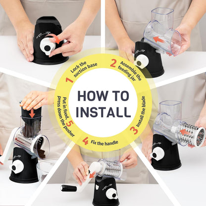 Rotary Cheese Grater - Hand Crank with 3 Interchangeable Blades | Strong Suction Base & No-Cut-Hands Design - Black
