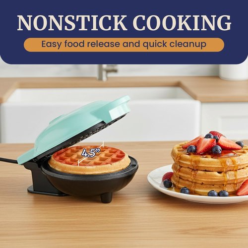 Elite Gourmet Mini Waffle Maker - 4.5-Inch Nonstick Belgian Waffles | Compact Design, Easy to Clean, Mint