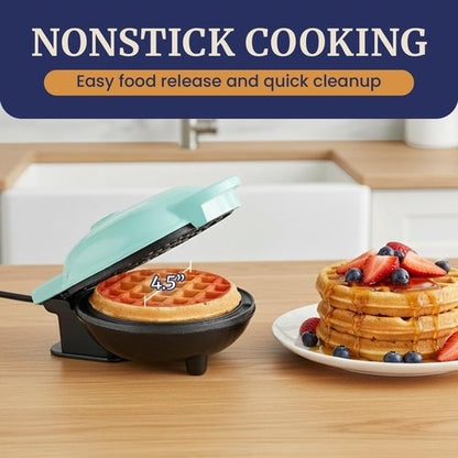 Elite Gourmet Mini Waffle Maker - 4.5-Inch Nonstick Belgian Waffles | Compact Design, Easy to Clean, Mint