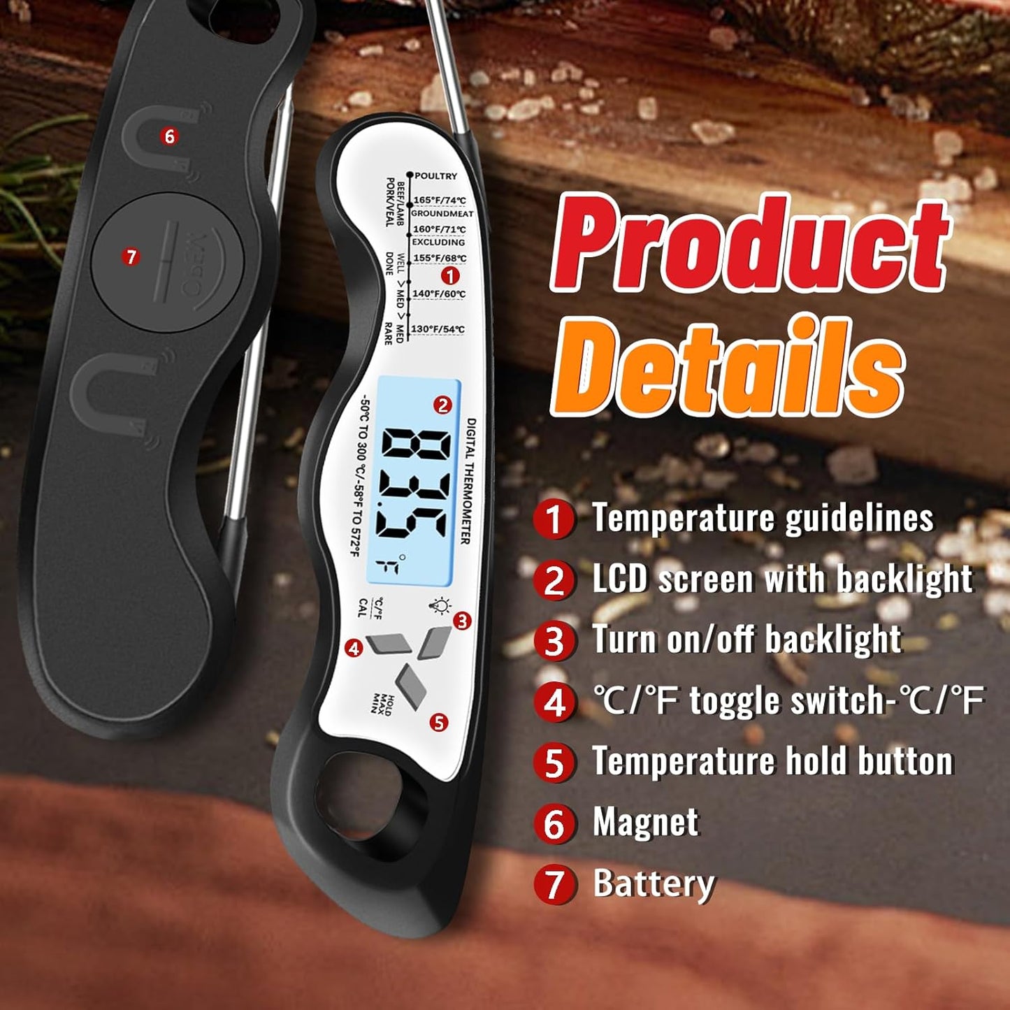 Meat Thermometer - IP67 Waterproof Digital Thermometer with Backlight & Magnet for BBQ, Grill, Candy