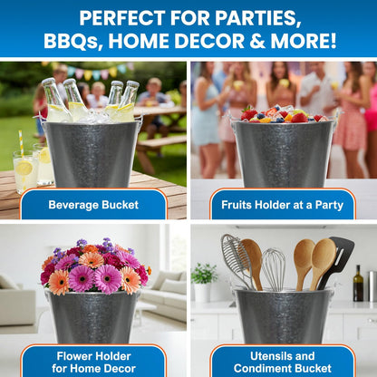 PLEXON Metal Ice Bucket for Parties Coctail Bar Restaurant - Drink Beer Champagne Metal Pail Bucket with Handle, Beverage Chiller, Galvanized Steel, 1.3 Gallon, Set of 3