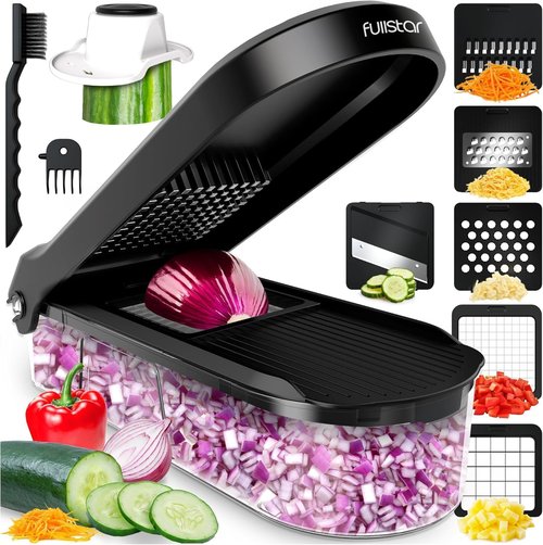Fullstar Mandoline Slicer - 6-in-1 Vegetable Chopper & Cutter with Container | Black Kitchen Essential