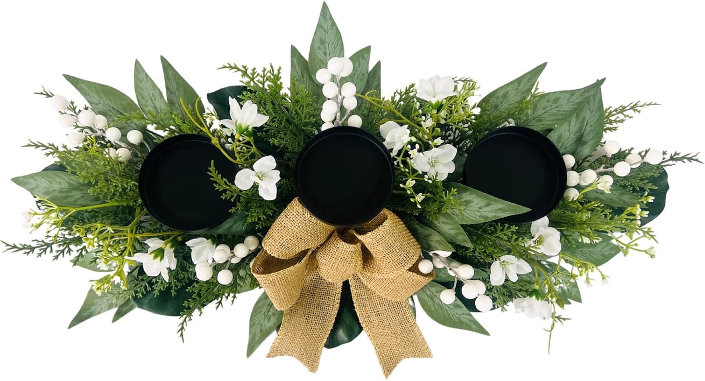 Skiennix Candle Holders - 3 Wick Centerpiece with Gypsophila, Magnolia & Freesia | Elegant Table Decor