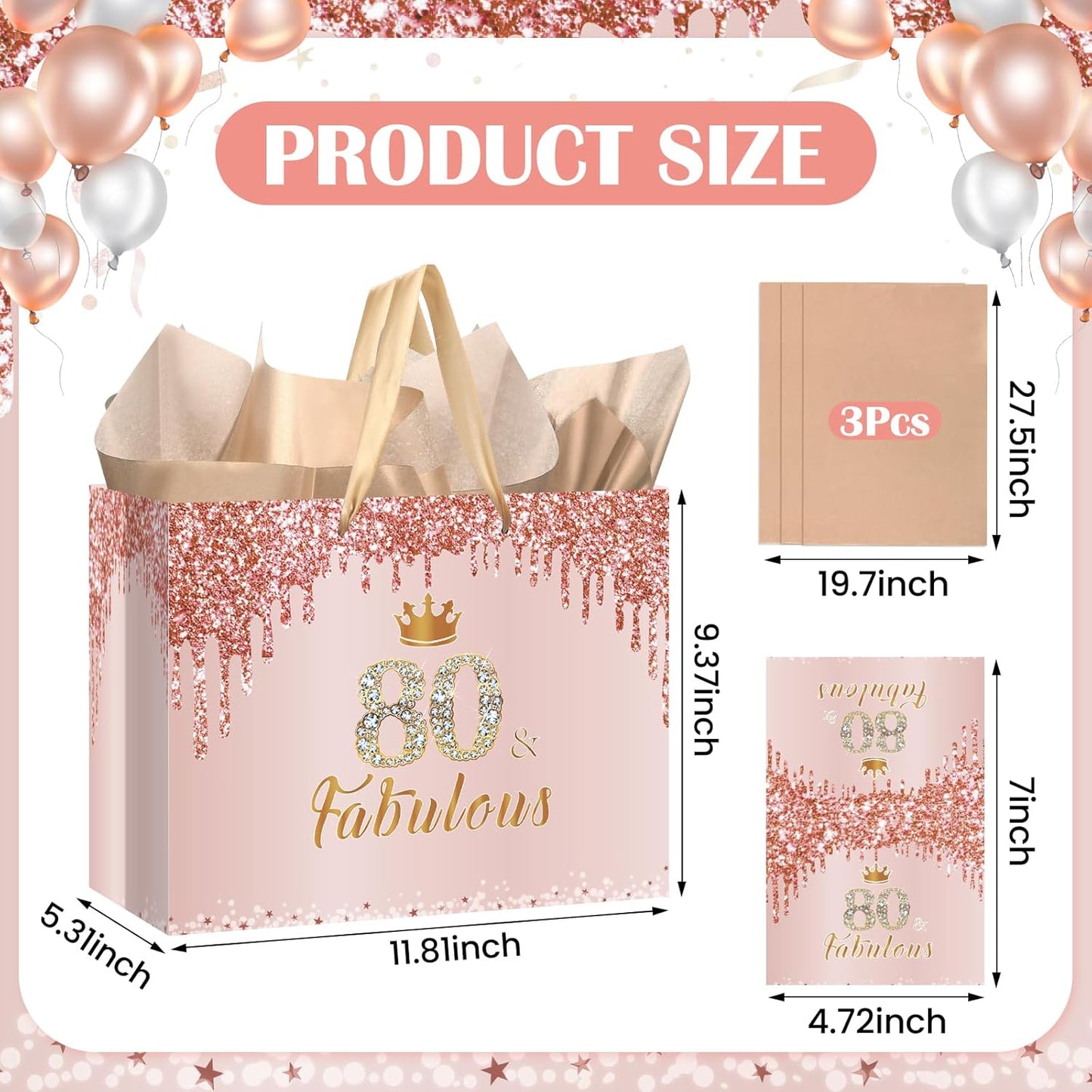 Yoirrat Rose Gold 80th Birthday Gift Bag - Large Pink Design with Wrapping Paper & Card for Women