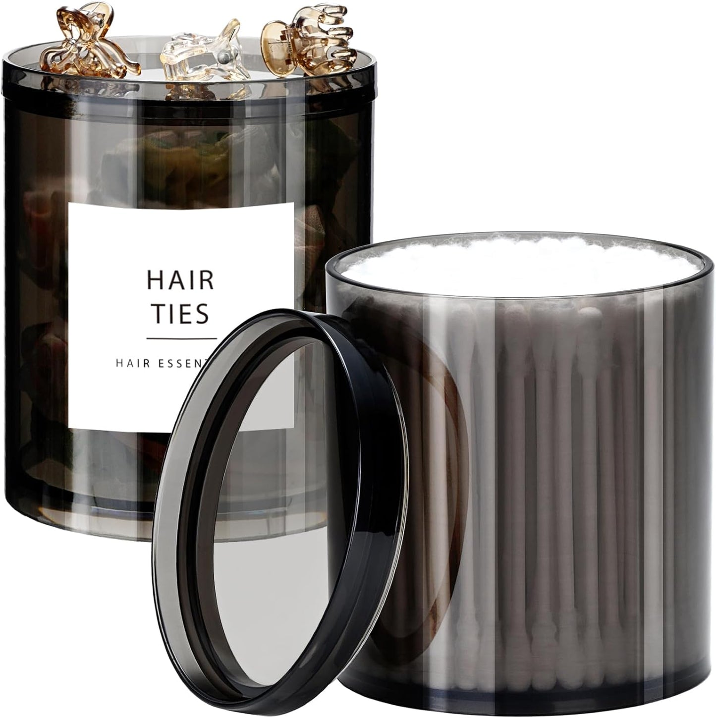 SheeChung Qtip Holder Set - 12 oz Apothecary Jars with Lids | Stylish Bathroom Organizer in Translucent Black
