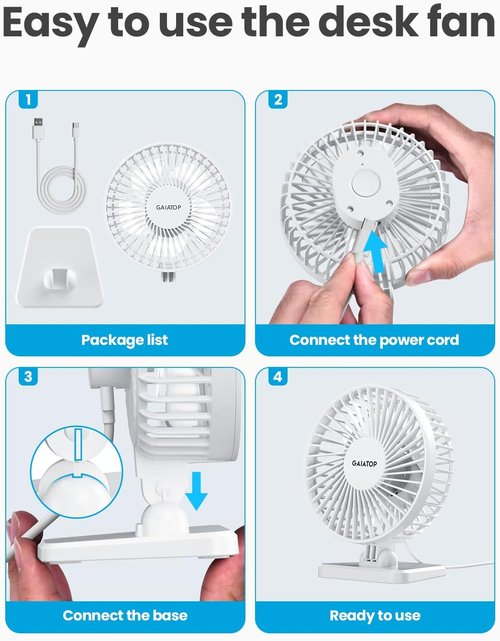 Gaiatop USB Desk Fan - Powerful Portable Mini Fan with 3 Speeds | Quiet Cooling for Home & Travel - White
