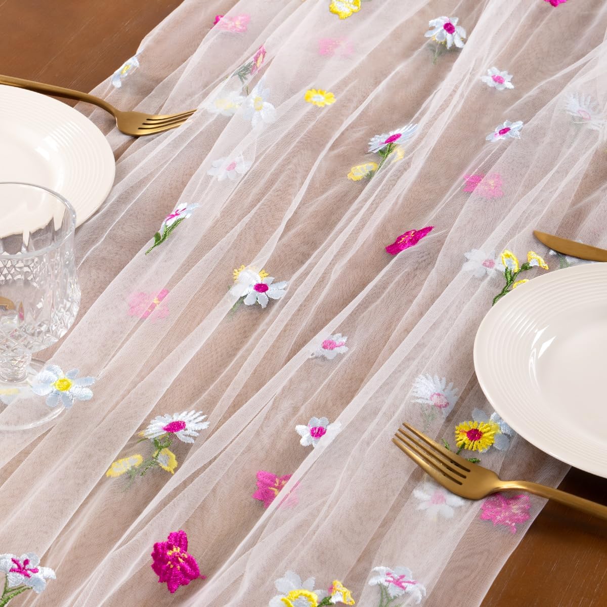 Socomi Floral Table Runner - Summer Wildflower Embroidery | Sheer Tulle for Weddings & Parties