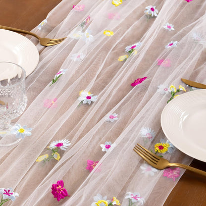 Socomi Floral Table Runner - Summer Wildflower Embroidery | Sheer Tulle for Weddings & Parties