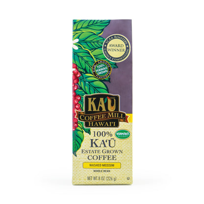 Ka'u Coffee Mill Washed Medium Roast Whole Bean Coffee - Bright Aroma - Plum & Citrus Notes - Handpicked & Washed Processed Hawaii Grown Arabica Beans - Gourmet Premium Small Batch Coffee - 8oz