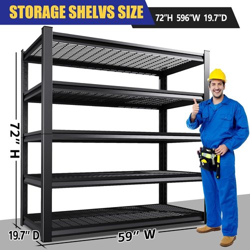 Garage Shelving | Heavy Duty Metal Storage Unit - 3500 lbs Capacity, Adjustable 5-Tier Wire Rack, Black - 72"x59"x20"