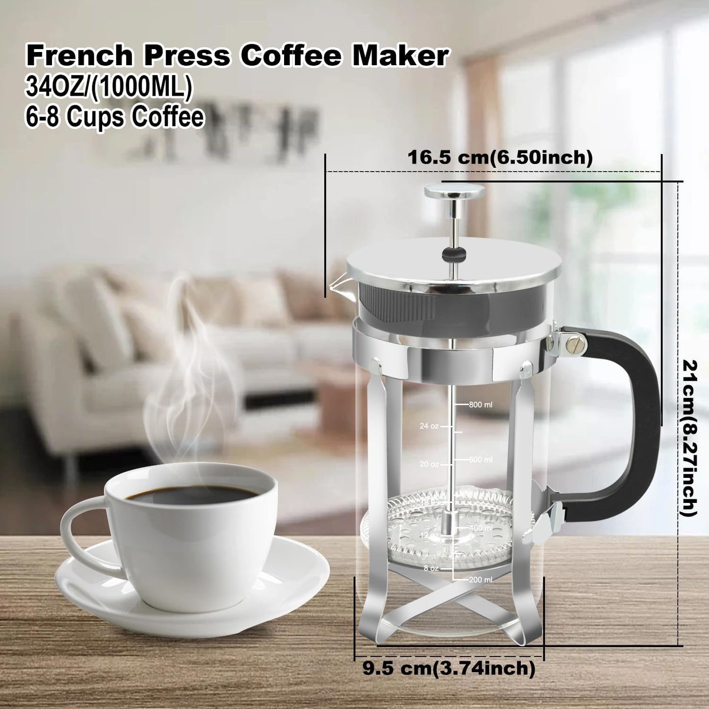 Skiennix French Press Coffee Maker - 34oz Stainless Steel with 2 Filters | Heat Resistant & Easy to Clean