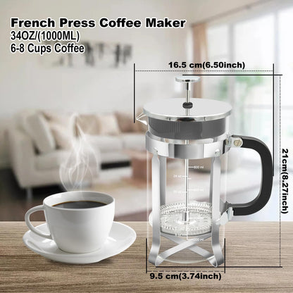 Skiennix French Press Coffee Maker - 34oz Stainless Steel with 2 Filters | Heat Resistant & Easy to Clean