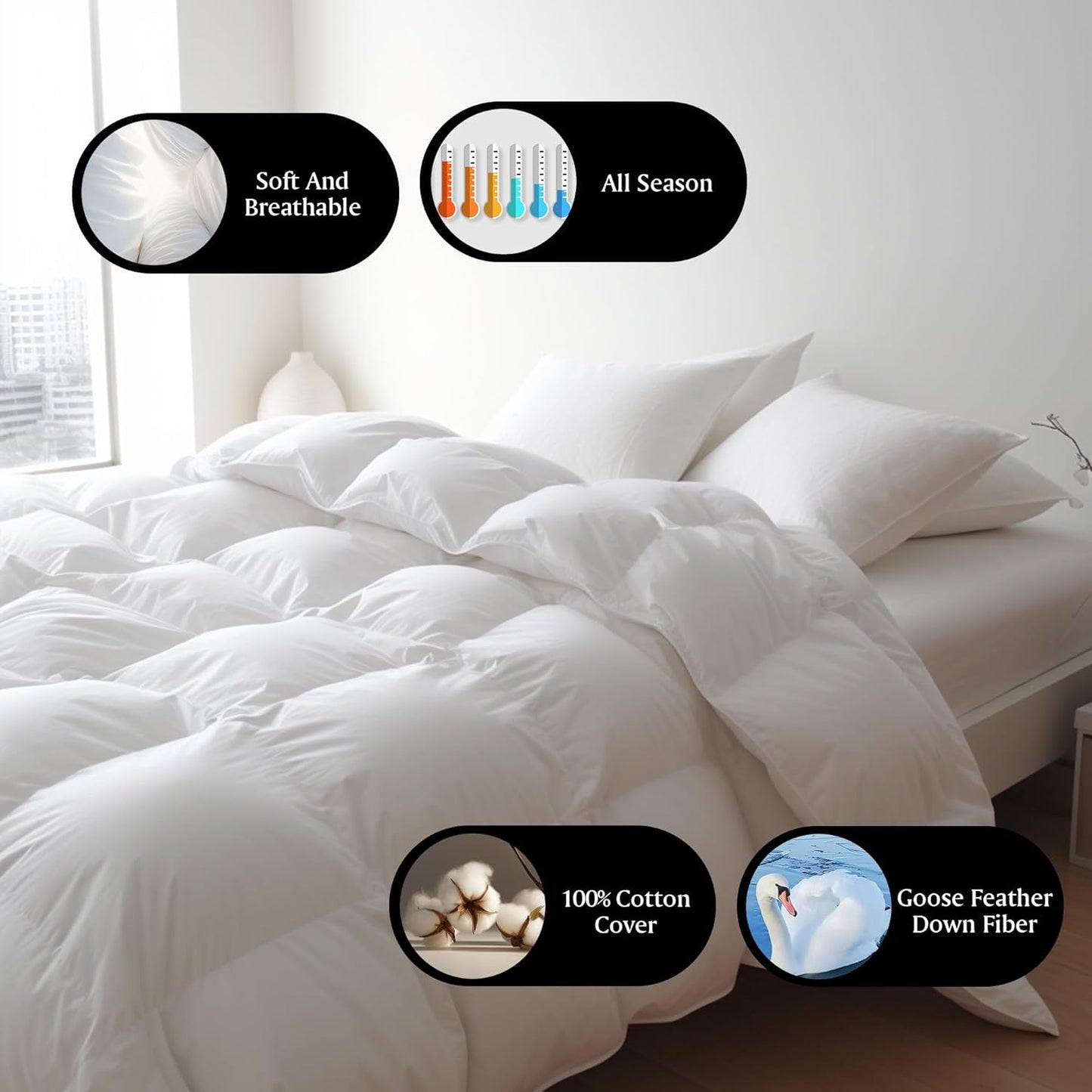 Royal Luxe Goose Feather Down Comforter - Ultra Soft Queen Size Duvet Insert | 100% Cotton, All Season Bedding 88”x88”