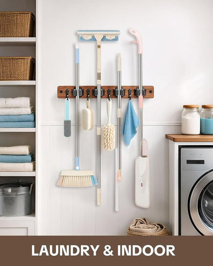 Lorbro Broom Holder Wall Mount - 2 Pack Wooden Mop Organizer with 4 Slots & Hooks | Ideal for Laundry Room, Garage, Kitchen