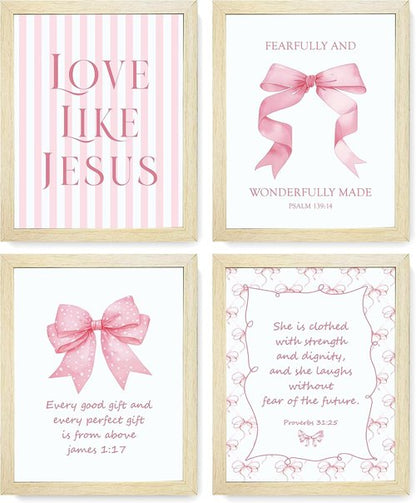 LARTSFRO Coquette Pink Bow Wall Art Decor - Inspirational Bible Verses | 10x8 Inch Set of 4 for Teen Girls