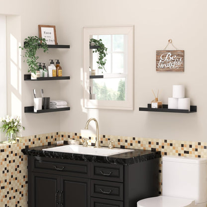 Upsimples Floating Wall Shelves - Set of 6 Stylish Wood Shelves for Home Decor | Black