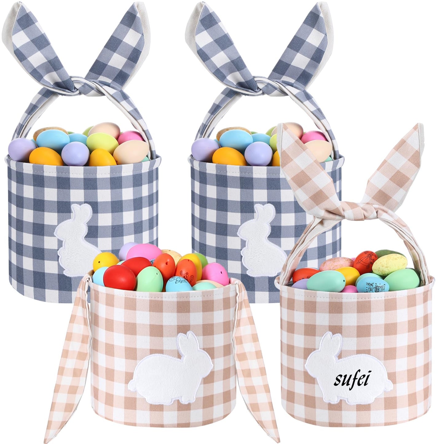 Paterr 4 Pack Easter Bunny Baskets Canvas Cotton Easter Egg Hunt Baskets with Foldable Rabbit Ears Handle DIY Empty Fluffy Tails Embroidered Bunny Buckets for Party Decorations Candy Gifts Storage