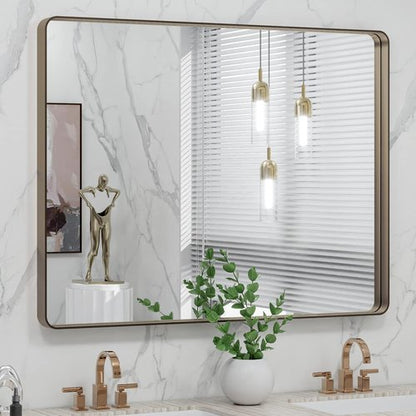 LOAAO Bronze Bathroom Mirror - 40”X30” Rounded Rectangle with Anti-Rust Brushed Metal Frame | Versatile Hanging Options