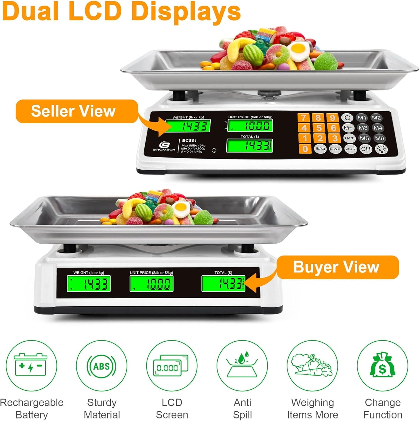 Price Computing Scale - 88lb Commercial Food Scale with Stainless Steel Platform & LCD Display