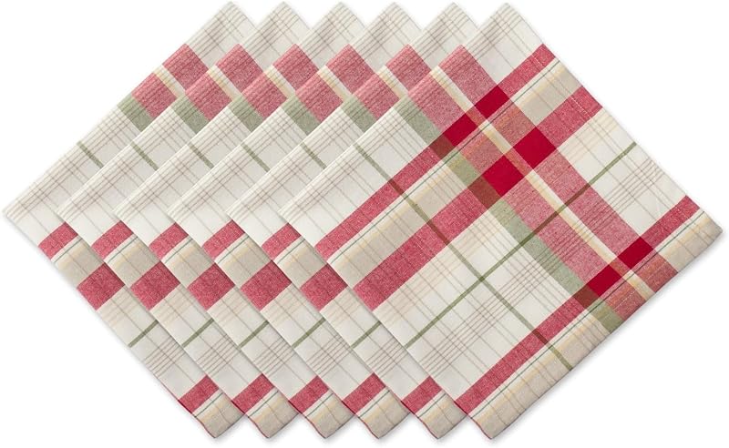 DII Thanksgiving Plaid Cloth Napkins Set of 6 - 20 x 20 inches, Taupe & Red + Variation: Square 20" x 20"