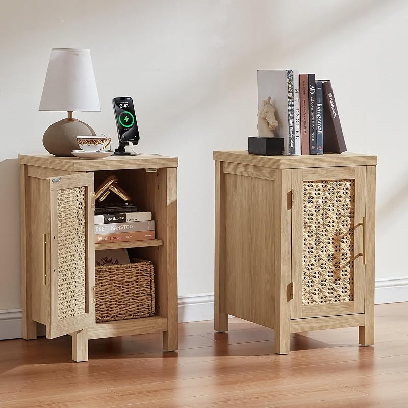 Rattan Nightstand Set of 2 with Charging Station — Natural Wood + Variation of THIS listing