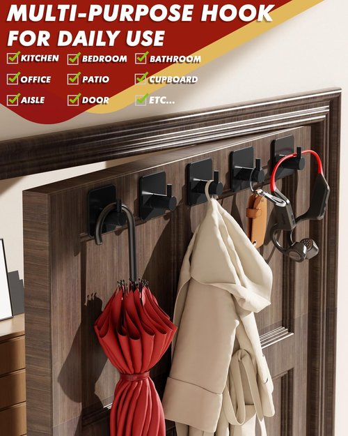 Auxmir Heavy-Duty Adhesive Hooks - 22lb Max Capacity, Waterproof Stainless Steel | 5 Pack for Bathroom & Kitchen