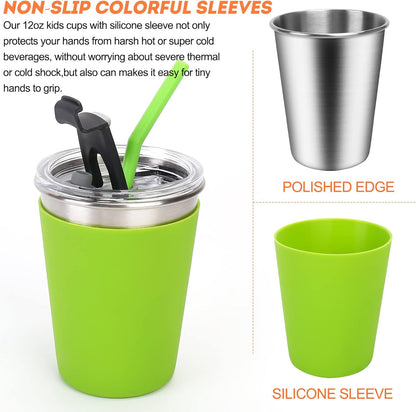 Skiennix Kids Cups - 12oz Spill-Proof Tumblers with Lids & Straws | 5-Pack Stainless Steel Set