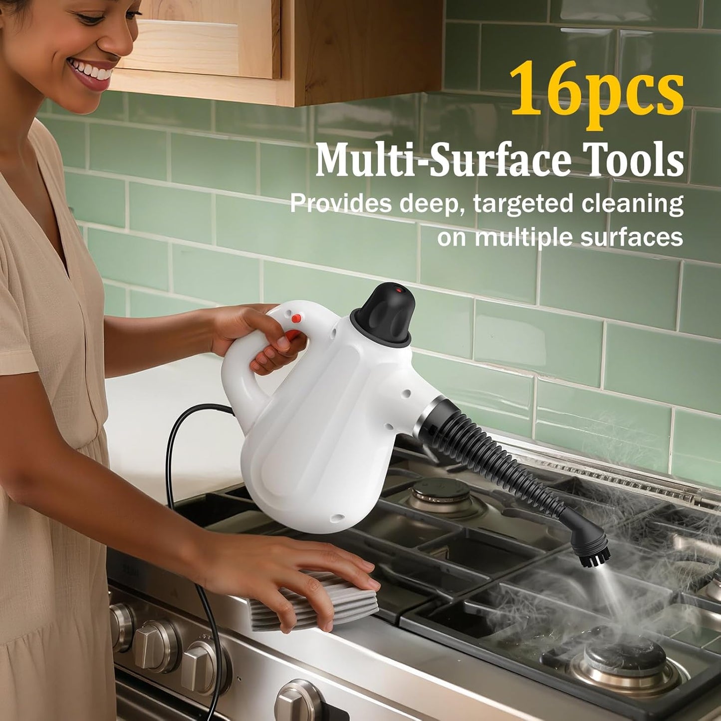 Steam Cleaner, Deep Cleaning Multi-Surface Handheld Steam Cleaner with Steam Lock Button & 16 PCS Accessories, 100% Natural Portable Steamer for Cleaning Home Car Bathroom Kitchen Grout Tile Window
