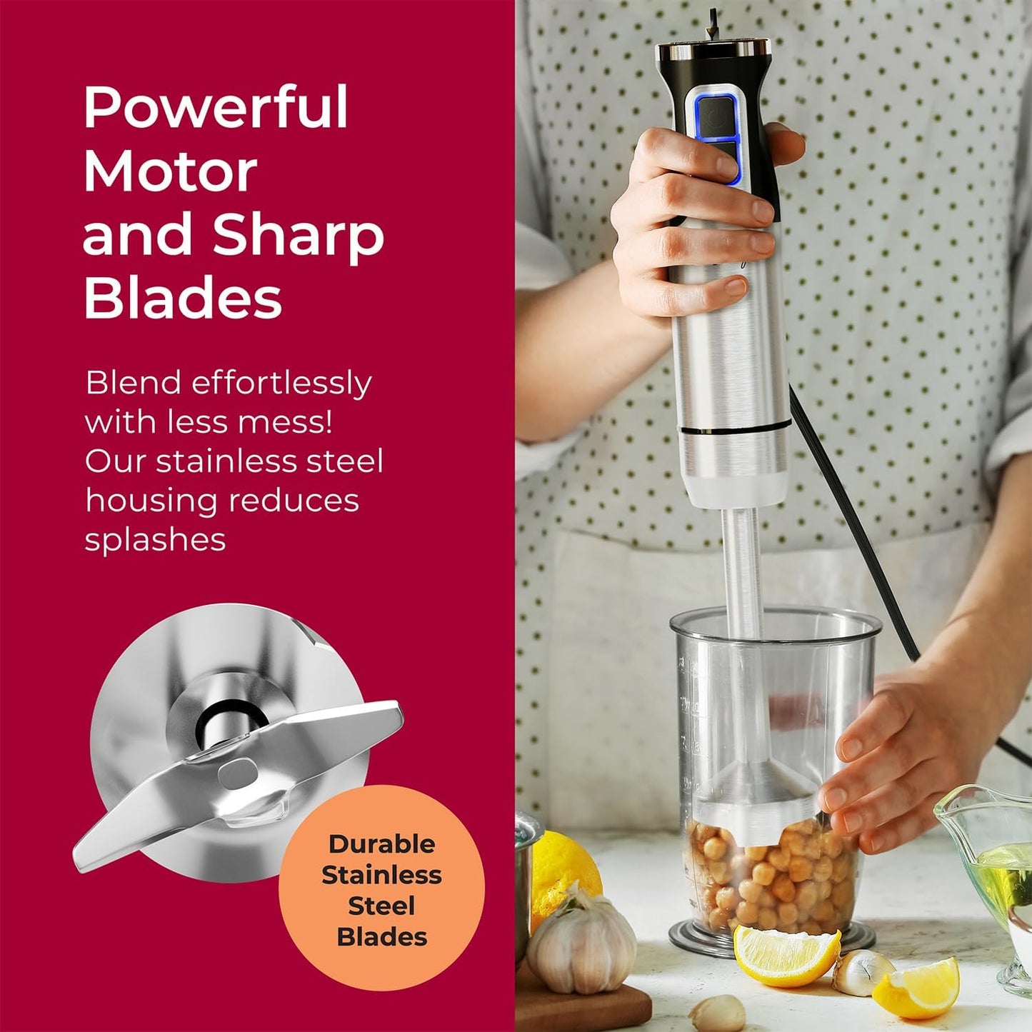 MuellerLiving Ultra-Stick Immersion Hand Blender - 500W Heavy Duty Motor, 8-Speed Turbo, Includes Whisk & Milk Frother