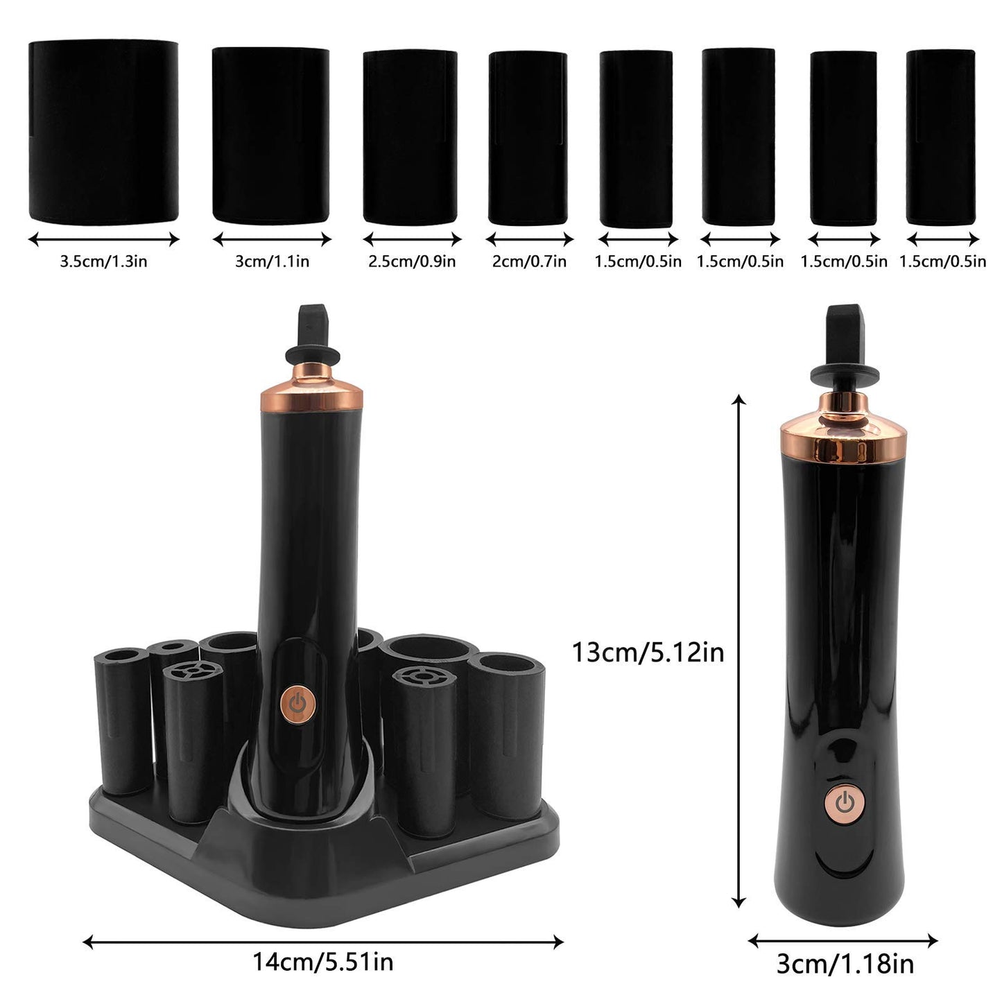 ZLMONDEE Nail Lacquer Shaker, Nail Polish Mixer, Portable Electric Eyelash Glue Shaker with 2 Connectors and 8 Sizes of Caliber Liquid Evenly Mixer for Eyelash Extension Lash Glue Ink (Black)