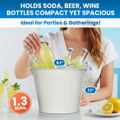 PLEXON Ice Bucket for Parties Coctail Bar Restaurant - Drink Beer Champagne Metal Pail Bucket with Handle, Beverage Chiller, Galvanized Steel, Set of 3