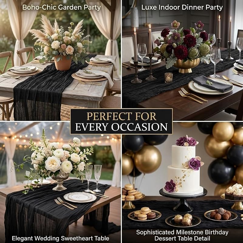 6 Pack Black Cheesecloth Table Runner 17x108 - Semi Sheer Boho Gauze for Wedding, Party & Baby Shower (Variation: Black)