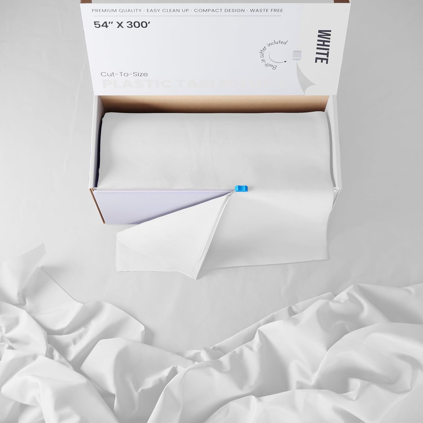 Party Solids White Plastic Table Cover Roll - 54 Inch x 300 Feet with Slide Cutter for Easy Use