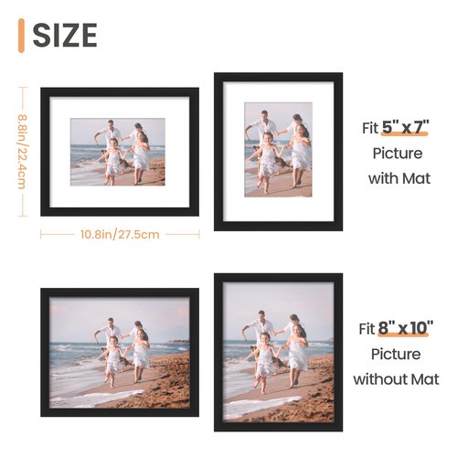 upsimples 8x10 Picture Frame Set of 5, Display Pictures 5x7 with Mat or 8 x 10 Without, Wall Gallery Photo Frames, Black