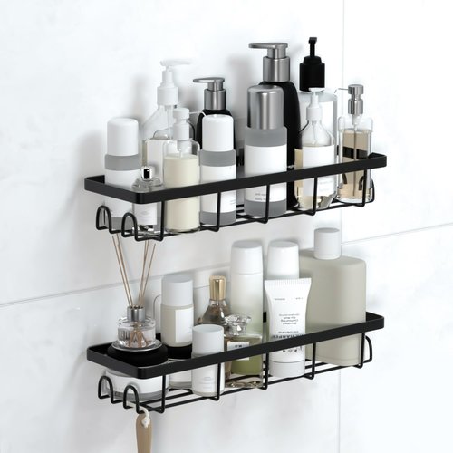 Uninol Shower Caddy Organizer with Hooks,Self Adhesive Bathroom Shelves,No Drilling Bathroom Organizers and Storage,Perfect for RV, Apartment, Home Decor,2 Pack Black