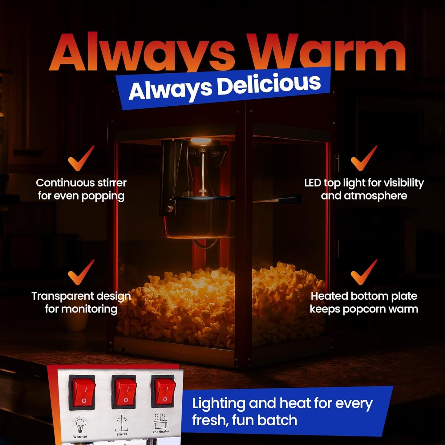 Popcorn Machine - Electric Popcorn Popper With Stainless Steel Kettle & Accessories | Theater Style | 1500W | Red, 8 oz (64 Cup Capacity)