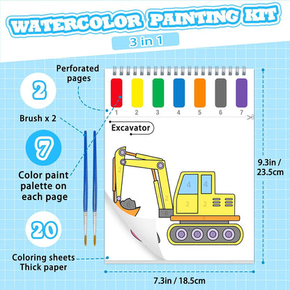 SOCOLER Watercolor Painting Kit - Mess-Free Traffic Theme Coloring Books for Toddlers Ages 1-8