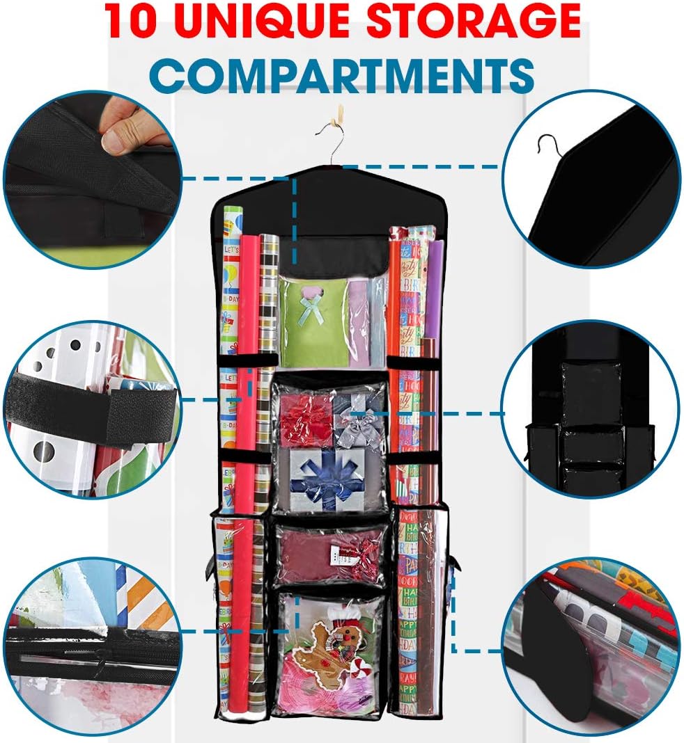 ProPik Wrapping Paper Storage Organizer - Double-Sided Design with Multiple Pockets | Fits 40" Rolls, Black