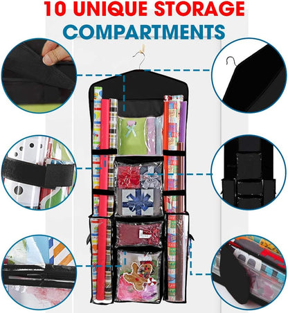 ProPik Wrapping Paper Storage Organizer - Double-Sided Design with Multiple Pockets | Fits 40" Rolls, Black