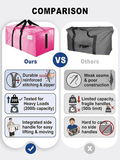 4 Pack Large Moving Bags by [Brand Name] - Water-Resistant Heavy Duty Storage Totes - Space-Saving Design (Pink)