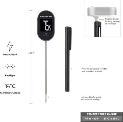KitchenAid Digital Instant Read Food Thermometer - Accurate Temperature Range -40°F to 482°F, Black