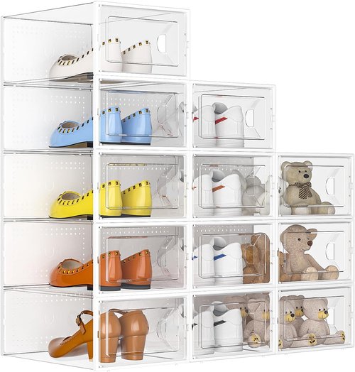 Kuject Shoe Storage Box - Large Crystal Clear Stackable Organizer | Space-Saving 12 Pack for Closet & Entryway