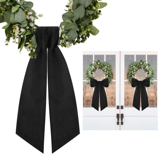 Skiennix Black Wreath Sash - Elegant Linen Ribbon Bow for Front Door & Porch Decor | 2 Pcs Set